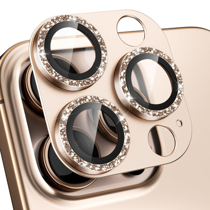 beuxece Compatible for iPhone 16 Pro/iPhone 16 Pro Max Camera Lens Protector, Bling Metal Tempered Glass Camera Screen Cover Accessories [Strong Adsorption][Case-Friendly]- Glitter Titanium Desert