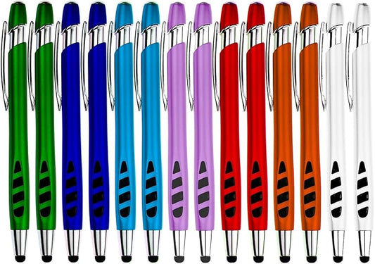 Stylus Pen for Touch Screens & Writing Pens, with Sensitive Stylus Tip - 2 in 1, for Your iPad, iPhone, Kindle, Nook, Samsung Galaxy, Tablets & Phones - Assorted Barrel Colors, Black Ink, 14 Pack