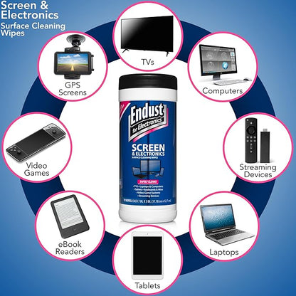 Endust For Electronics; Screen & Surface Cleaning Wipes, For TV, Phone, Computer Monitor, Laptop, Tablet, Pre-Moistened, Alcohol and Ammonia Free, 70 Count, 6 Pack (11506P6)