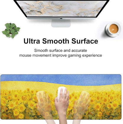 Field of Sunflowers Desk Mat,Large Sunflower Oil Painting Gaming Keyboard Mouse Pad,Non-Slip Rubber Base Desk Pad Thick Stitched Edges Waterproof Mousepad Mouse Mat 31.5"x11.8"