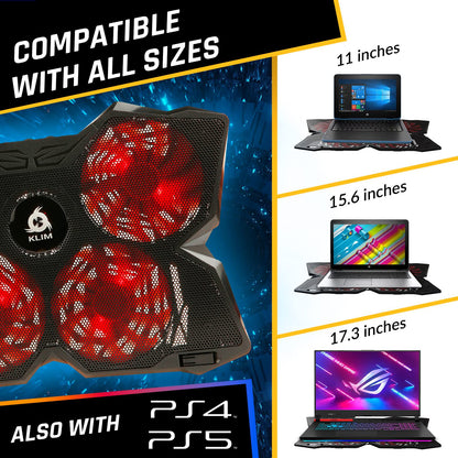 KLIM Wind Laptop Cooling Pad - Support 11 to 17 Inch Laptops, PS4-4 Fans - Light, Quiet, Powerful Cooling - Gamer USB Slim Portable Laptop Stand - NEW 2021 Version - Black