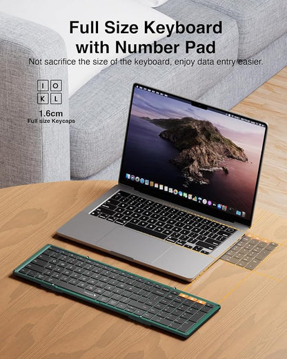 ProtoArc Foldable Bluetooth Keyboard, XK01 Folding Wireless Portable Keyboard with Number Pad, Full-Size Travel Keyboards for Windows iOS Android Tablet Smartphone Laptop PC - Dark Green