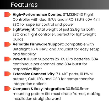 AERO SELFIE H743 Flight Controller with 60A 8 bit ESC 30x30 Stack: Supports 2-6S LiPo, Dual IMU, Compass, Barometer, Compatible with Betaflight, INAV, PX4, Ardupilot for FPV & Racing Drones