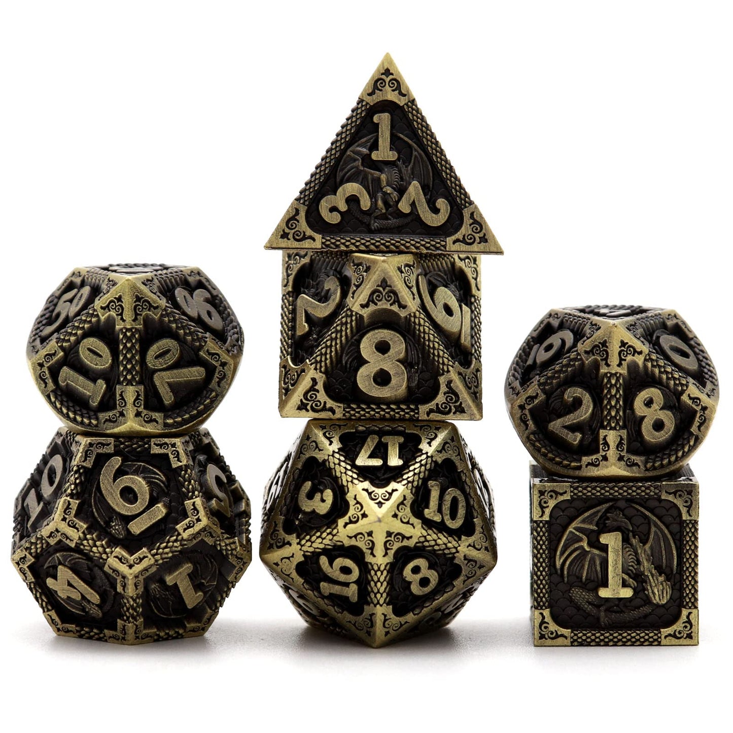 PJOY D&D Dice Set Dragon Metal DND Dice Set Antique Bronze with Case for RPG Role Playing Games Compatible with Dungeons and Dragons Gift TTRPG
