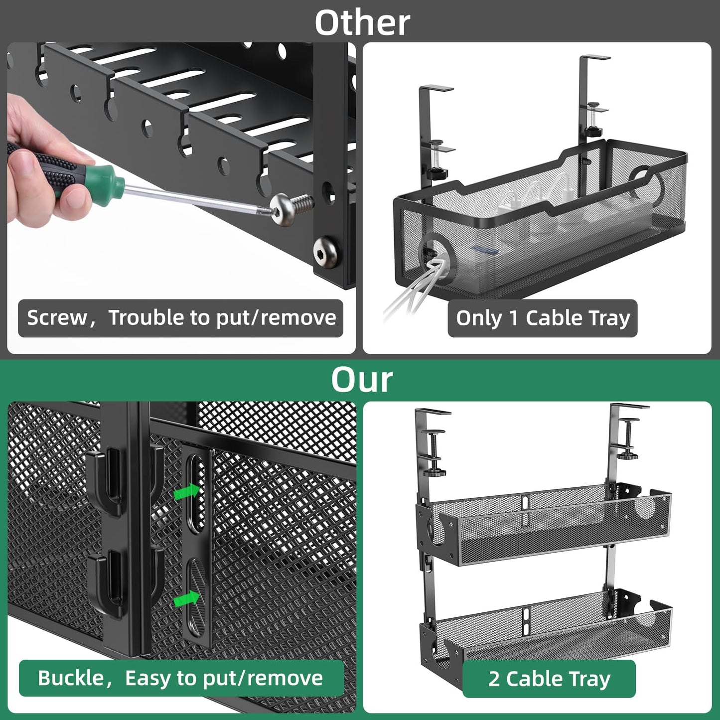 Multi-Model Under Desk Cable Management Tray 2 Packs Metal Under Desk Wire Management Clamp Mount Under Table Cord Management No Damage The Desk (Black)