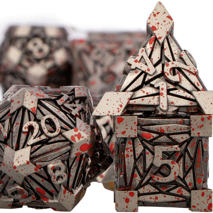 ORIFANTOU 7PCS Metal DND Dice Set with Box, Debris RPG Blood Spatter D and D Dice for use with D&D Tabletop Games Role Playing Game Polyhedral Dice Set D20 D12 D10 D8 D6 D4