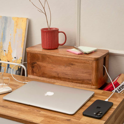 Acacia Cable Management Box - Rustic Design (Natural, Large)