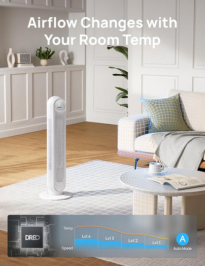 Dreo Tower Fan for Bedroom, 25ft/s Velocity Quiet Floor Fan, 90° Oscillating Fans for Indoors with 4 Speeds, 4 Modes, 8H Timer, Standing Fans, Bladeless Fan, White, Nomad One (DR-HTF007)