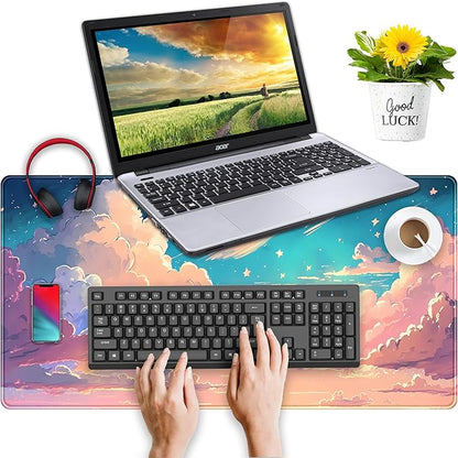 Cool Pink Desk Mat Pastel Clouds Large XXL Gaming Mouse Pad Non-Slip Rubber Base Mousepad, Office Desktop Decor Desk Pad, Computer Laptop Keyboard and Mouse Mat with Stitched Edges, 31.5x15.75 in