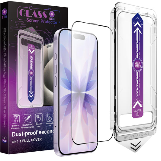 SHANG PIN JIA 2 Pack Tempered Glass Screen Protector for iPhone 17/16 Pro 6.3-Inch with Auto Dust Removal, No Bubbles, High Definition Clear, Easy Installation