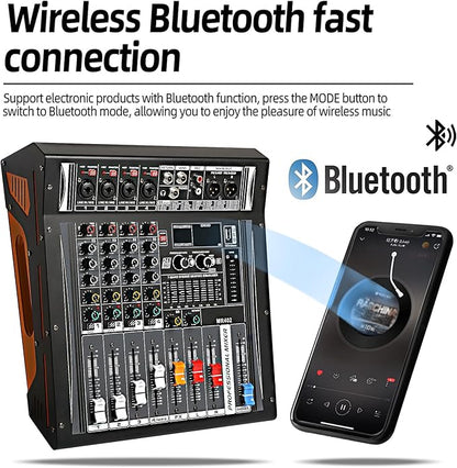 Audio Mixer 4 Channel, DJ Mixer with Power Amplifier, Audio Sound Card with 48V Phantom Power, Usb Audio Interface, Sounds Mixer Board with 99 DSP FX Reverb Delay Effect for Streaming