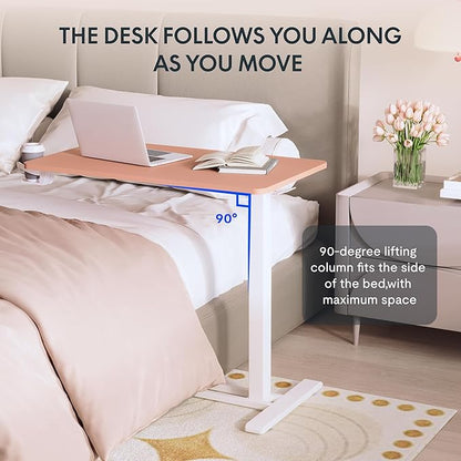 FLEXISPOT H7 Adjustable Overbed Bedside Table with Wheels Pneumatic Mobile Standing Desk Laptop Desk Rolling Computer Cart Movable Overbed Table Hospital Home Use(27.6" W x 15.7" D, Pink)