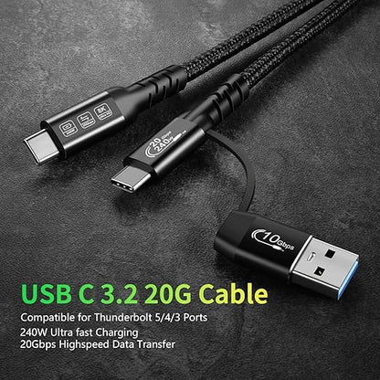 CABLEDECONN USB2.0 A to USB C 3.2 Type C 20Gbps Male to Male Detachable 0.5m 1.6ft Cable Data Extension 10Gbps 240W Fast Charge 8K Ultra HD Video Data Connection Power Line