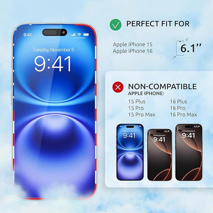 Screen Protector for IPhone 15/16- Tempered Glass Screen Protector for IPhone 16/15 with Frame US FLag Color and Black - Full Screen Coverage 9H - Easy Installation (2 Pack)