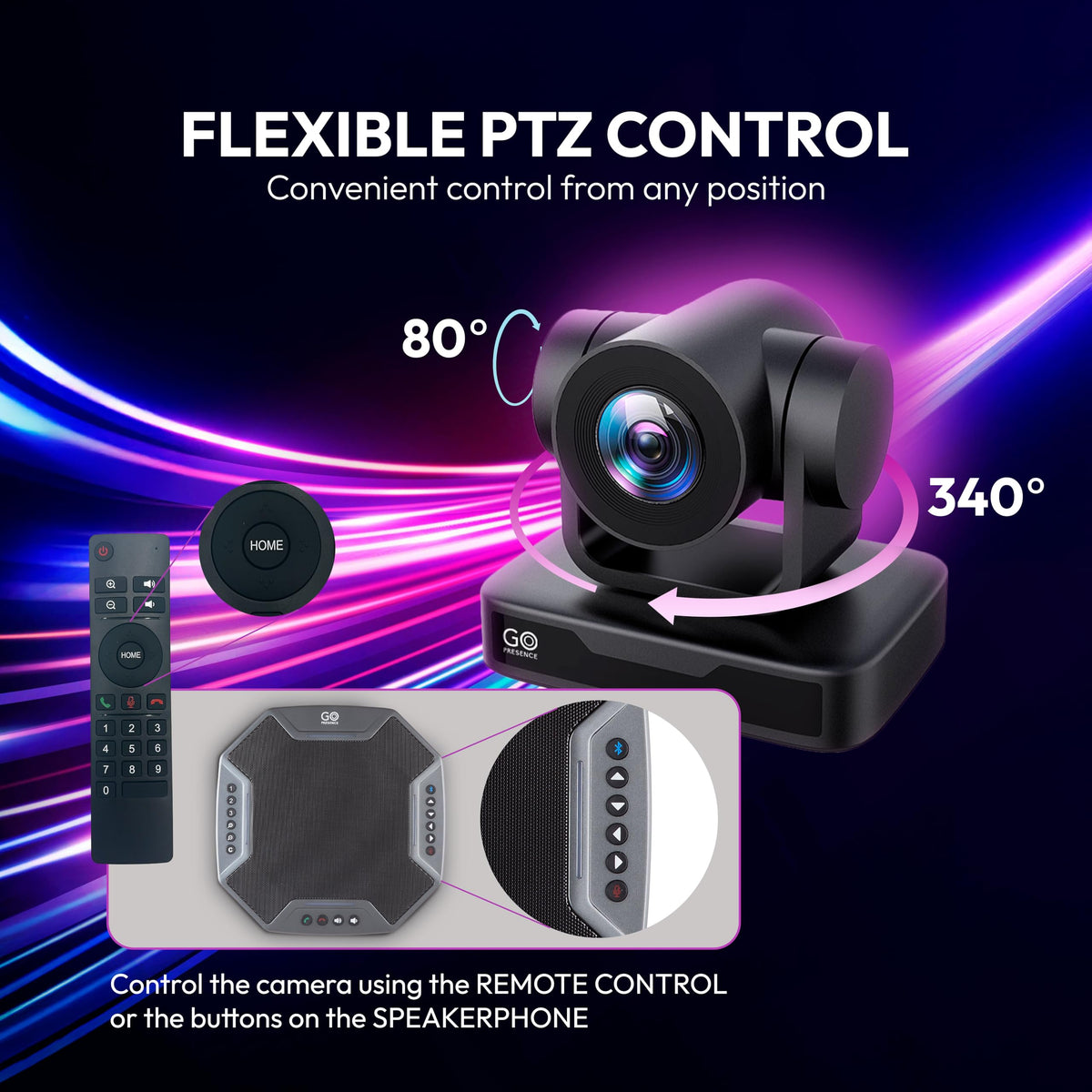 GoPresence Video Conferencing System – Full HD 1080p PTZ Camera with 10x Optical Zoom, 360° Omnidirectional Speakerphone, Noise Cancellation, Plug-and-Play USB.