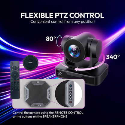 GoPresence Video Conferencing System – Full HD 1080p PTZ Camera with 10x Optical Zoom, 360° Omnidirectional Speakerphone, Noise Cancellation, Plug-and-Play USB.