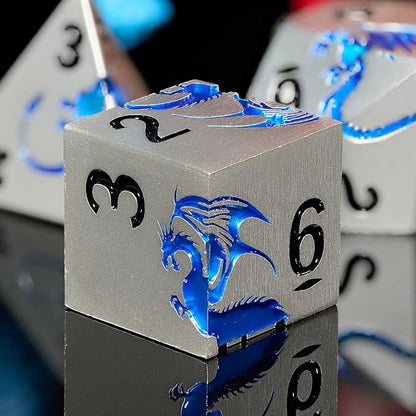 HNCCESG Metal Dragon DND Dice Set,7-Piece RPG Dice,Silver Blue