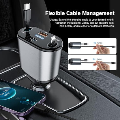 4 in 1 Retractable Car Charger, USB C Fast Charging Adapter[Max80W] with USB-i Cable&Dual Charge Port Compatible with iPhone 16/15/14/13/12/11 Pro Max Plus/iPad/AirPods,Galaxy,Google