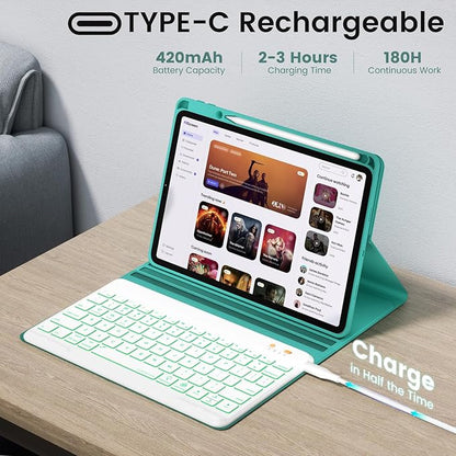 BLUTLOTUS for iPad 11th A16 10th Generation Case with Keyboard - 7 Colors Backlit Wireless Detachable Folio Keyboard Cover with Pencil Holder for iPad 11 inch A16 2025 10th Gen 10.9 Inch 2022 (Teal)