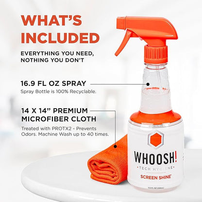 WHOOSH! Screen Shine Pro 16.9 fl oz Refillable TV Screen Cleaner with Microfiber Cloth - Streak-Free Cleaner for Flat Screen, OLED TV, LCD, Smart TV, and Monitors - Non-Toxic and Odorless Formula
