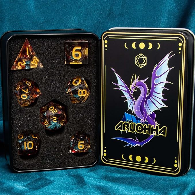 ARUOHHA Liquid Core DND Dice Set, 7pcs Resin Sharp Edged Dice RPG Red Blue Polyhedral D and D Dice with Gift Box, Role Playing Dice Set D20 D12 D10 D8 D6 D4