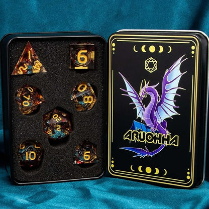 ARUOHHA Liquid Core DND Dice Set, 7pcs Resin Sharp Edged Dice RPG Red Blue Polyhedral D and D Dice with Gift Box, Role Playing Dice Set D20 D12 D10 D8 D6 D4