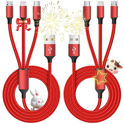 Multi Charging Cable, (2 Pack 4FT) Multi USB Charger Cable 3 in 1 Charging Nylon Braided Fast Charging Cord with Type-C, Micro USB, IP Port for Most Phones/iPhones/Tablets, Red