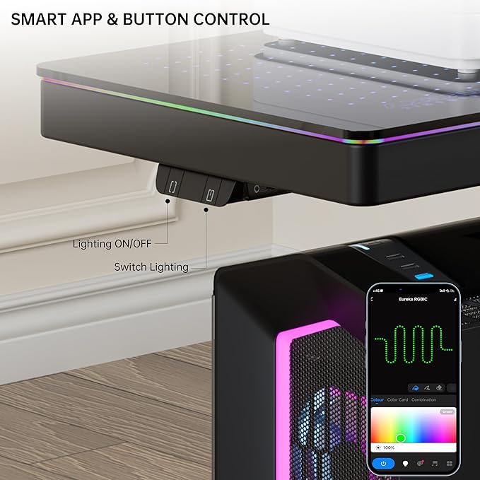 EUREKA ERGONOMIC Height Adjustable Computer Tower Stand, Illuminated Glass Panel PC Stand w/RGB Lights, 2-Tier CPU Holder Cart Under Desk, PC Floor Stand for Office Gaming, APP Control