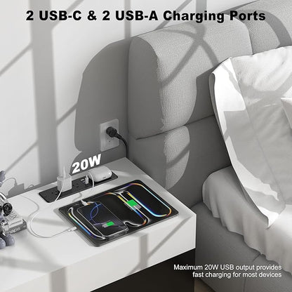 8 in 1 Recessed Power Strip with 15W Wireless Charger, 20W Fast Charging Furniture Outlet, Plug in 3 AC Outlets & 4 USB Ports Flush Mount, 6FT Cord