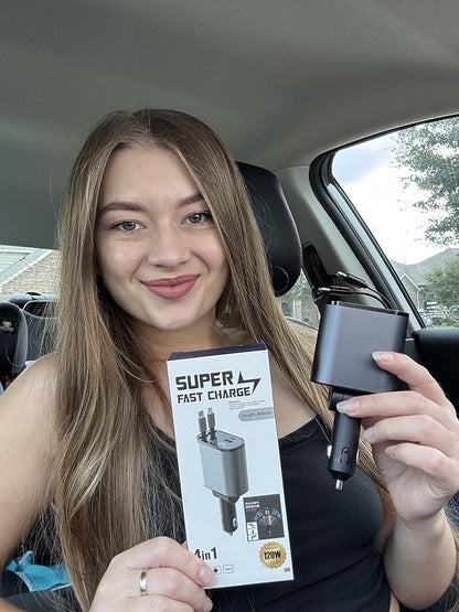 Multi Charge Pro iPhone Car Charger Fast Charging Retractable Car Charger USB C Auto Adapter, Powerful 120W 4-Port USB-C & USB-A and Lightning iPhone, Samsung, Tablets...