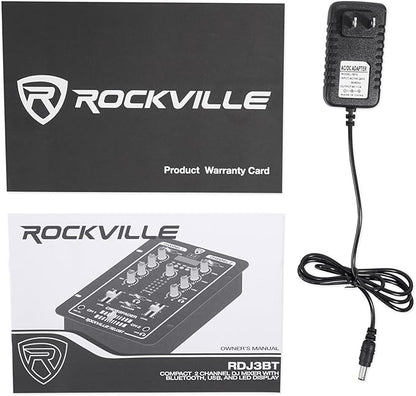Rockville RDJ3BT 2 Channel DJ Mixer with USB, Bluetooth, Talkover, 4 Line Inputs