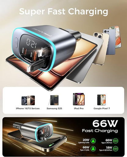 iPhone Car Charger, Retractable Fast USB C Phone Charger, 4 in 1 Cigarette Lighter Adapter with 2 Cables 30 Inch and 2 USB Ports, Multi Port USB Car Charging for iPhone 16/15/14/13/Pro Max