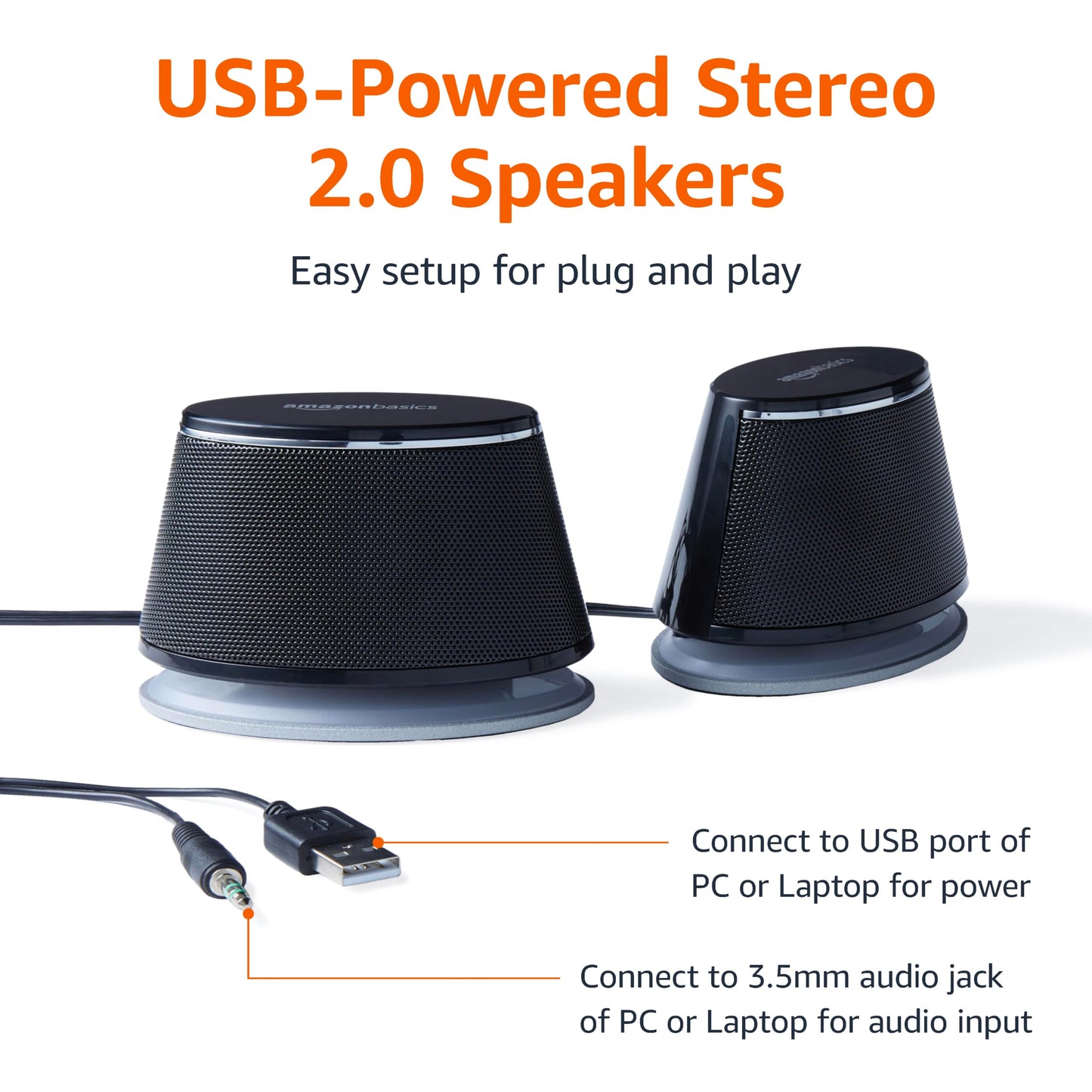 Amazon Basics Stereo 2.0 Speakers for PC or Laptop with Volume Control, 3.5mm Aux Input, USB-Powered, 1 Pair, Black