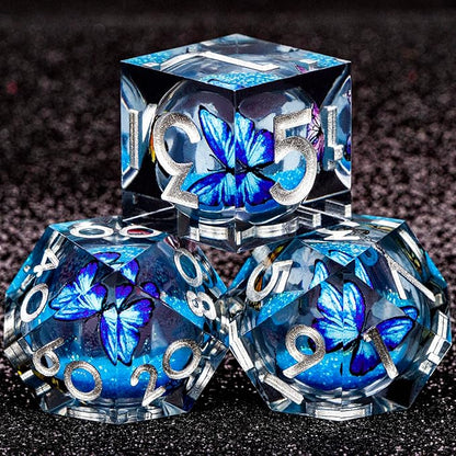 Butterfly DND Dice Blue-Black Liquid Core Dice Set with Metal Box, Handmade Sharp Edge D and D Polyhedral Dice for use with D&D Role Playing Game, D20 D12 D10 D8 D6