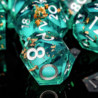 DND Dice Green Liquid Core Dice Set with Metal Box, Handmade Sharp Edge D and D Polyhedral Dice for use with RPG D&D Role Playing Game