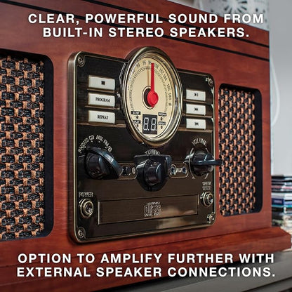 Victrola The Quincy 6-in-1 Bluetooth Record Player & Multimedia Center with Built-in Speakers – 3-Speed Turntable, CD & Cassette Player, AM/FM Radio, Wireless Music Streaming (Farmhouse Shiplap Grey)