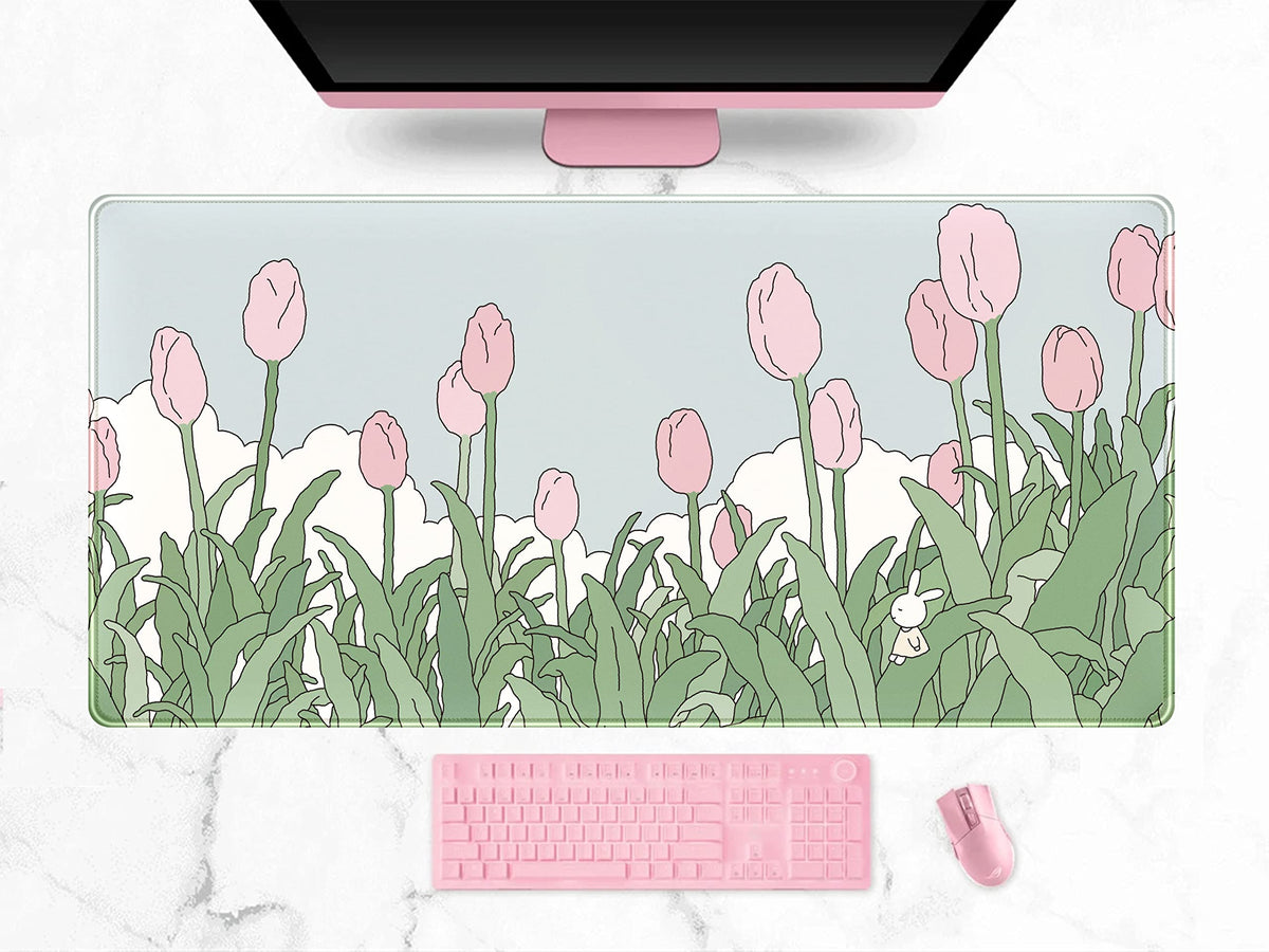 Cute Pastel Mint Green Forest Sage Desk Mat Anime Large Gaming Mouse Pad XL, Aesthetic Sunrise Laptop Computer Keyboard Mouse Mat, Women Office Desk Decor Cover Mat with Stitched Edges 31.5"x11.8"
