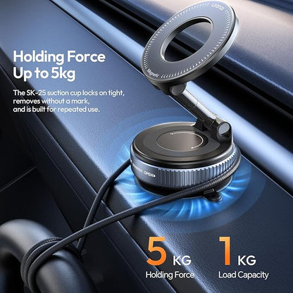 ULANZI SK-25 Car Phone Holder for Magsafe, Vacuum Suction Cup Magnetic Phone Mount, 360° Adjustable Phone MagMount for Car/Ceramic Tile/Gym/Mirror, Load up to 1kg, Magnetic Force ≥14N（Black）