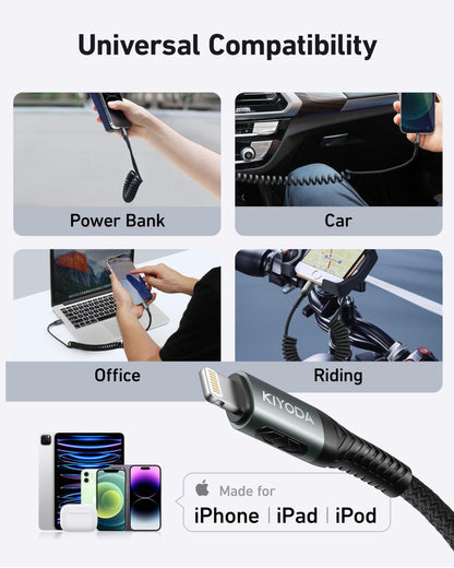 USBC to Lightning Cable for Car Coiled iPhone Charger Apple MFi Certified