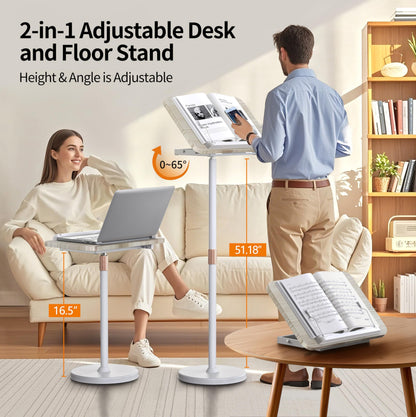 NAMON 2 in 1 Portable Laptop Floor Stand & Laptop Stand for Desk, Small Adjustable Table with Height Adjustable from 16.5" to 51", Wooden Laptop Stand White for Home, Office, Meeting Room, Study