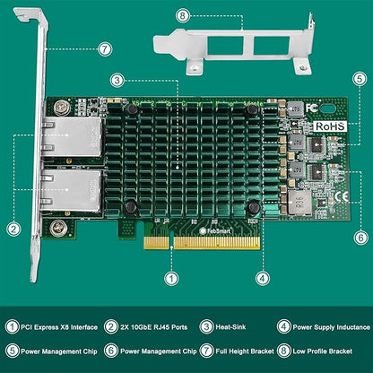 PCIE X8 Interface to 2X 10Gbps RJ45 Ports Network Adapter, Intel X540-AT2 Ethernet Controller, 2X 10GbE RJ45 Interface PCIE NIC Card, PCI Express 10GbE Converged Network Adapter (X540T2)