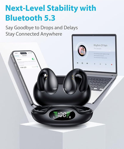 Ultra Open Ear Earbuds - Ergonomic Clip-On Earbuds, Small Bone Conduction Over-The-Ear Headphones with Waterproof Design, Perfect Running Headphones for Sports and Fitness, Black