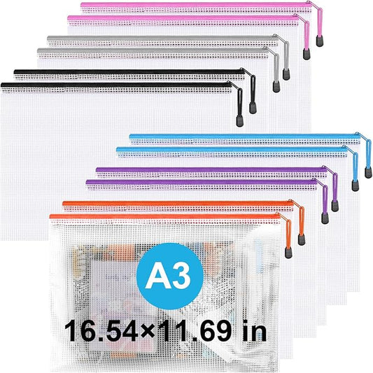 Krvyrn Mesh Zipper Pouches, 12 Pack A3 Waterproof Zipper Pouches for Board Game Storage, Puzzle Storage, Office and School Supplies, Home, Travel Organizer