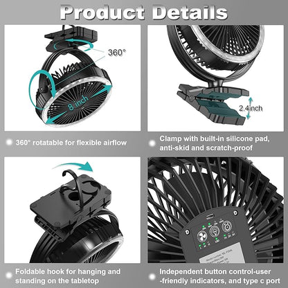 8-Inch Portable Camping Fan with Light, 10000mAh Rechargeable Battery Operated, 3 Speeds Cordless Clip on Table Fan with Hook & Light for Golf Cart Camping Tent Travel Jobsite Hurricane Power Outage