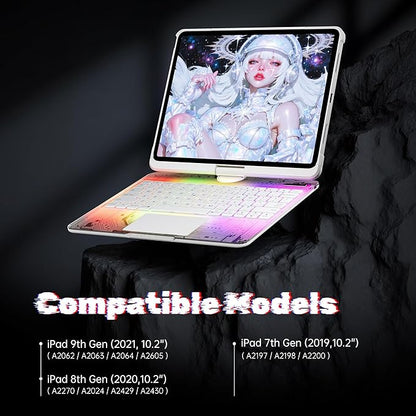 KITONE Transparent Case with Wireless Keyboard for iPad 10.2-in (7th, 8th, and 9th Gen), 7 Colors Backlight, Trackpad, 360°Rotating Stand, Tech Style