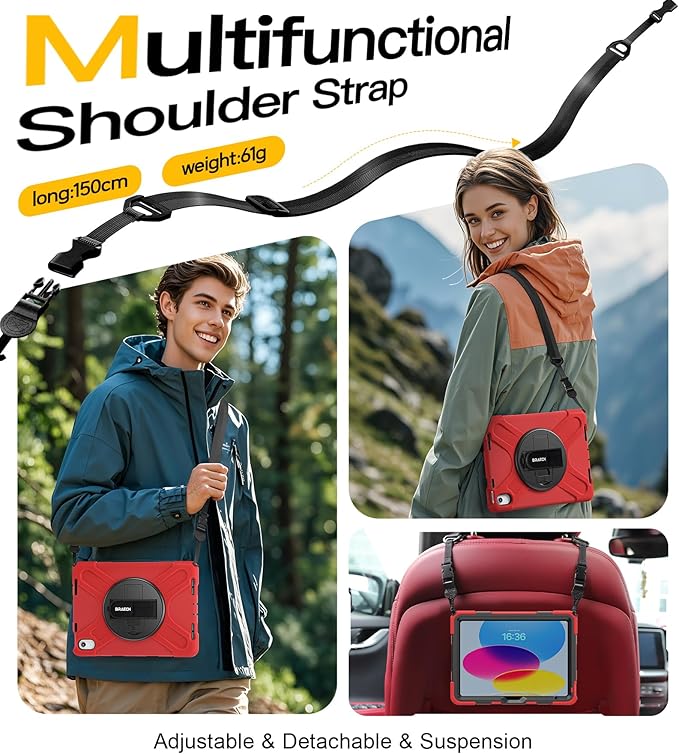 BRAECN for iPad (A16) 11th/10th Generation case 11/10.9 inch 2025/2022 Heavy Duty Shockproof Protective with Pencil Holder Screen Protector 360°Rotating Stand Handle & Shoulder Strap Full Body Cover