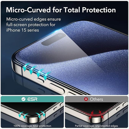 ESR 3+2 Pack for iPhone 15 Pro Max Screen Protector, [9H Hardness] [Military Grade Shatterproof] Full Coverage Ultra-tough Tempered Glass Film, Easy Installation Frame, 2 Set of Camera Lens Protector
