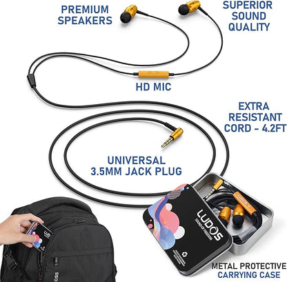 LUDOS OMNITONE Wired Earbuds in-Ear Headphones, 5 Year Warranty, Earphones with Microphone, 3.5 mm Jack Corded Ear Buds, Videoconference for iPhone, Samsung, Laptop, Kids, School Students - Gold