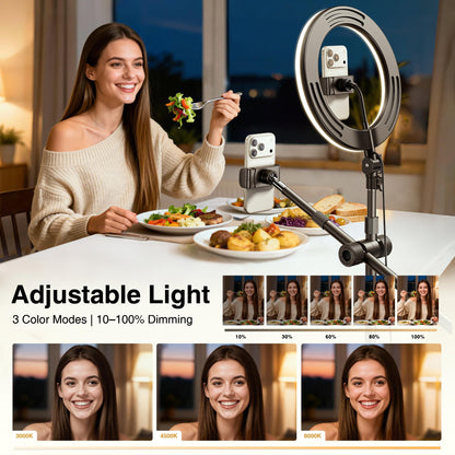 Overhead Phone Mount, Overhead Camera Mount Stand [Anti-Shaking] with 10.5" Ring Light, Desk Stand for iPhone with Ring Light for Video Recording, Zoom Meeting, YouTube, TikTok