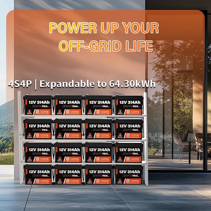 12V 300Ah (314Ah) LiFePO4 Lithium Mini Battery, Max. 4019Wh Energy, 15000+ Deep Cycles, 100A BMS Lithium Iron Phosphate Rechargeable Battery Great for RV, Marine and Off Grid Applications